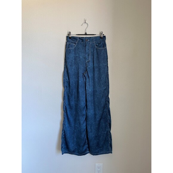 Urban Outfitters Lisa Satin Contrast-Stitch Wide Leg Pant in Blue Size US 0 - Picture 1 of 7